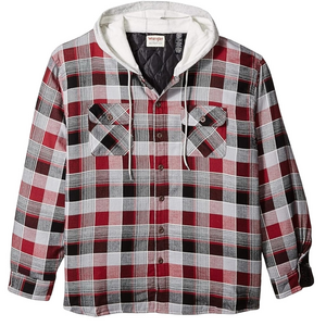 Wrangler Red Grey Black Plaid Quilted Hooded Flannel Lumberjack Shacket Small